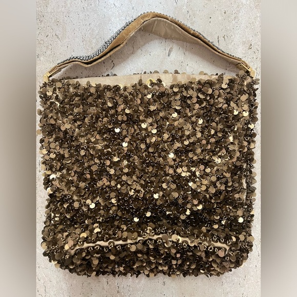the find Handbags - Y2K The Find Marvelous Bronzed Beaded Sequins Tote With “Diamond” Studded Strap